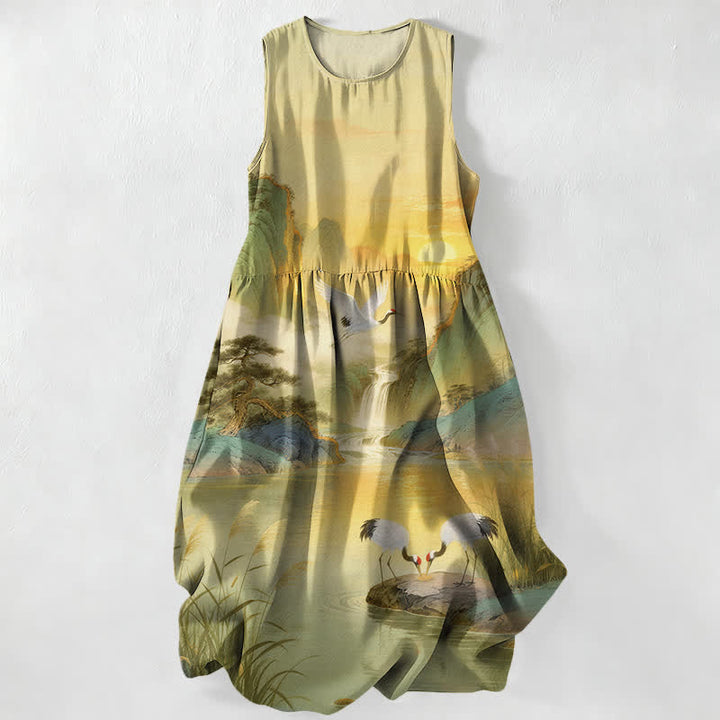 Buddha Stones Lässiges, ärmelloses Midikleid für Damen mit Kranich- und Wasserfallmuster und Taschen - Khaki - US16, UK/AU20, EU48 (3XL) - image 5