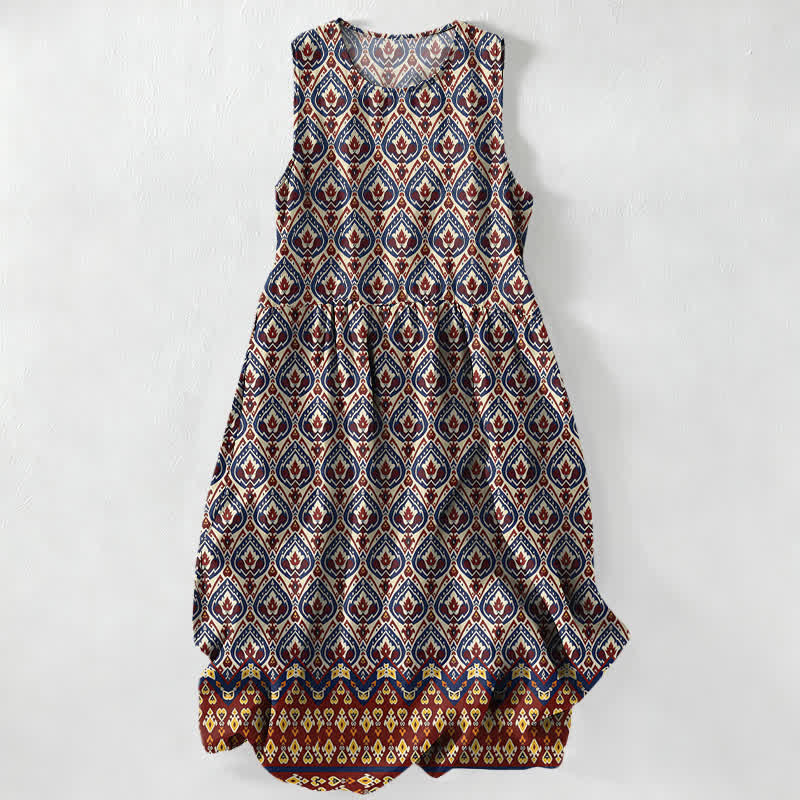 Buddha Stones Sommerliches, lässiges, ärmelloses Midikleid für Damen mit Taschen im Boho-Stil und geometrischem Ikat-Muster - Dunkelrot - US16, UK/AU20, EU48 (3XL) - image 0