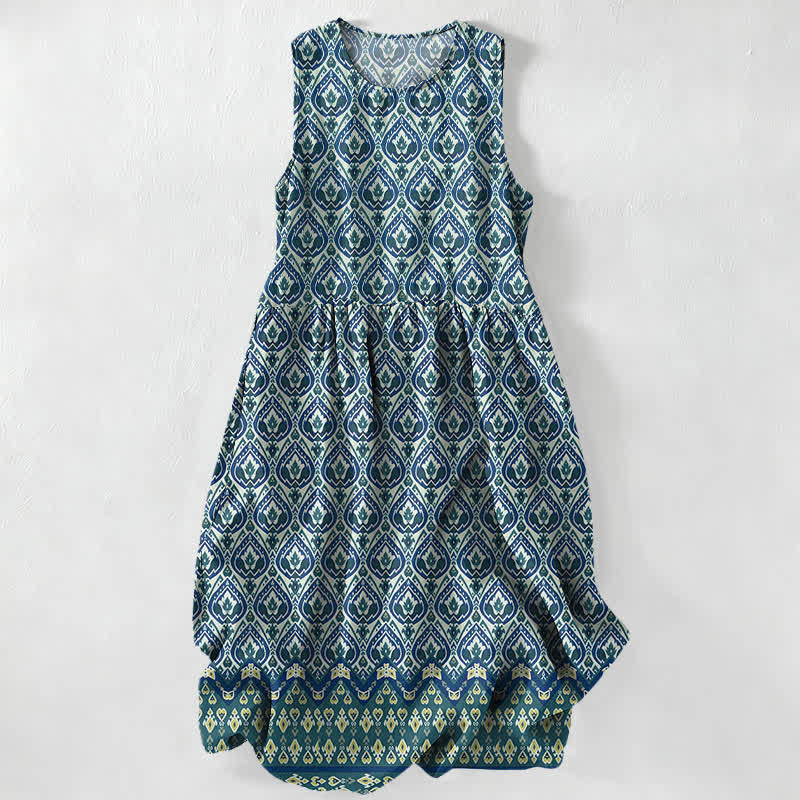 Buddha Stones Sommerliches, lässiges, ärmelloses Midikleid für Damen mit Taschen im Boho-Stil und geometrischem Ikat-Muster - SteelBlue - US16, UK/AU20, EU48 (3XL) - image 4
