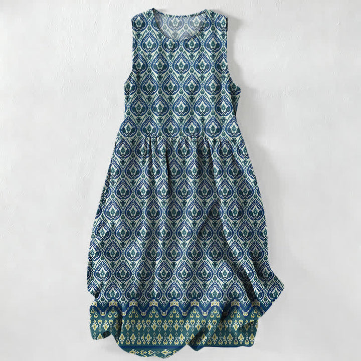 Buddha Stones Sommerliches, lässiges, ärmelloses Midikleid für Damen mit Taschen im Boho-Stil und geometrischem Ikat-Muster - SteelBlue - US16, UK/AU20, EU48 (3XL) - image 4
