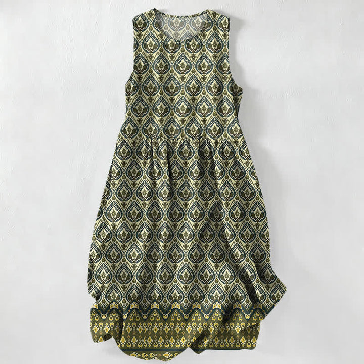 Buddha Stones Sommerliches, lässiges, ärmelloses Midikleid für Damen mit Taschen im Boho-Stil und geometrischem Ikat-Muster - Dunkelolivgrün - US16, UK/AU20, EU48 (3XL) - image 5
