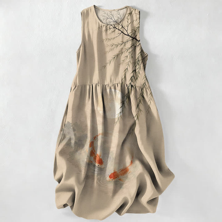 Buddha Stones Sommerliches, lässiges, ärmelloses Midikleid mit Taschen und Koi-Weidenmuster - Bräunen - US16, UK/AU20, EU48 (3XL) - image 0