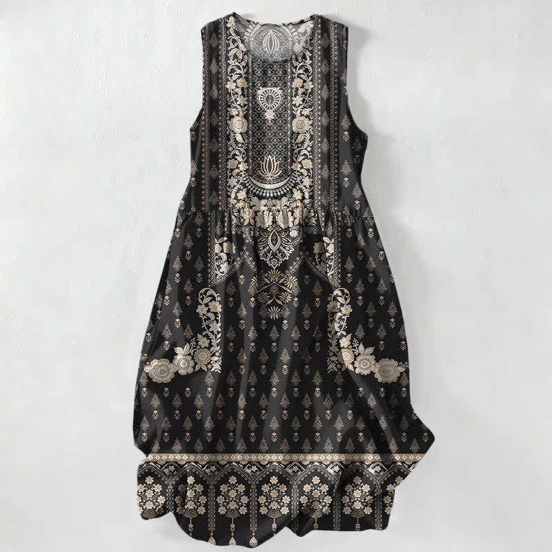 Buddha Stones Lässiges, sommerliches Boho-Midikleid für Damen mit Medaillonmuster, ärmellos und mit Taschen - Schwarz - US16, UK/AU20, EU48 (3XL) - image 0