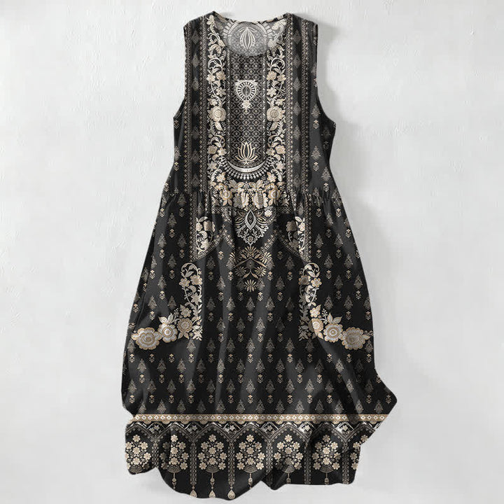 Buddha Stones Lässiges, sommerliches Boho-Midikleid für Damen mit Medaillonmuster, ärmellos und mit Taschen - Schwarz - US16, UK/AU20, EU48 (3XL) - image 0