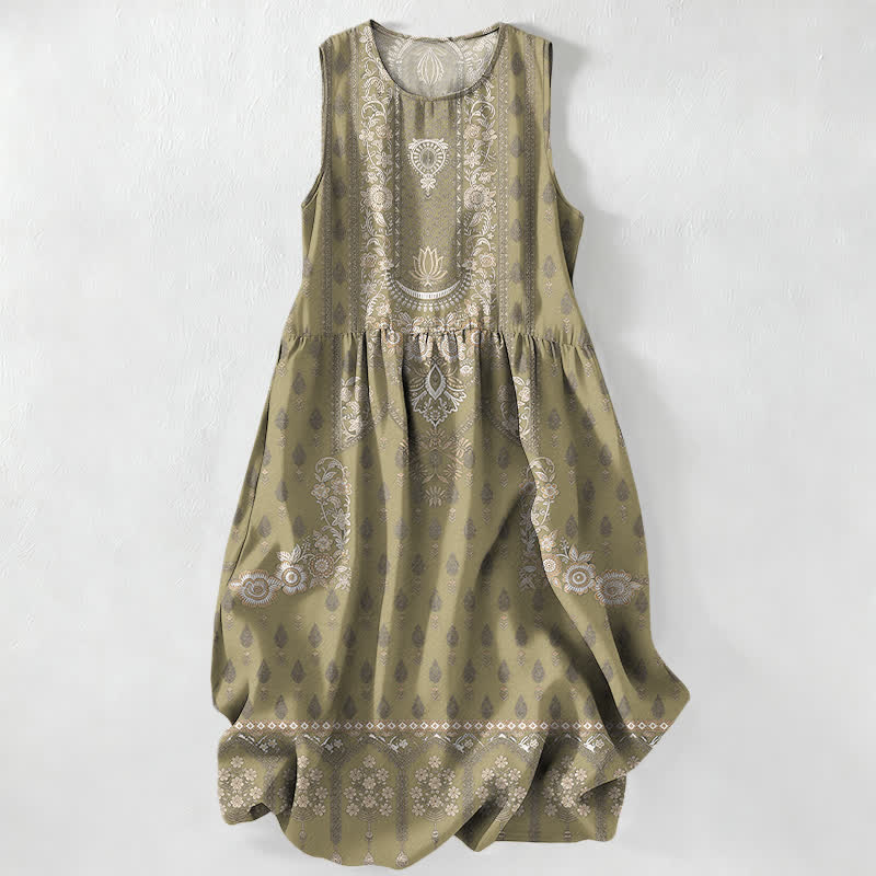 Buddha Stones Lässiges, sommerliches Boho-Midikleid für Damen mit Medaillonmuster, ärmellos und mit Taschen - Olive - US16, UK/AU20, EU48 (3XL) - image 4