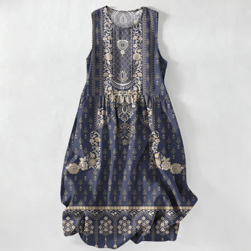 Buddha Stones Lässiges, sommerliches Boho-Midikleid für Damen mit Medaillonmuster, ärmellos und mit Taschen - Marine - US16, UK/AU20, EU48 (3XL) - image 5