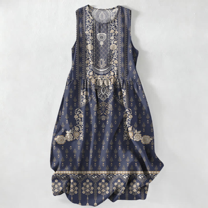Buddha Stones Lässiges, sommerliches Boho-Midikleid für Damen mit Medaillonmuster, ärmellos und mit Taschen - Marine - US16, UK/AU20, EU48 (3XL) - image 5