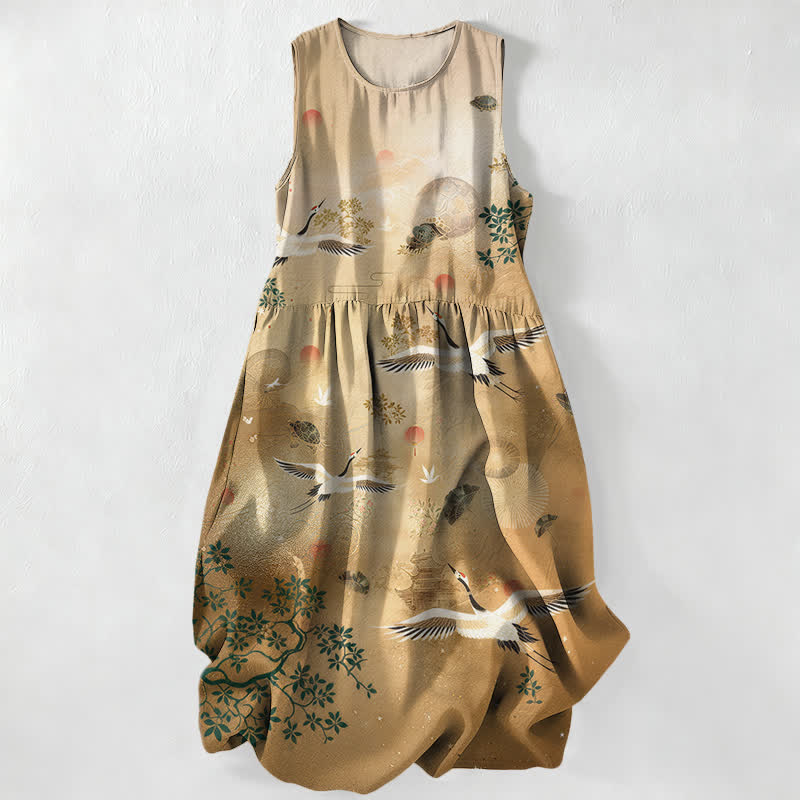 Buddha Stones Sommerliches, lässiges, ärmelloses Midikleid für Damen mit Kranich-, botanischem und Sonnenmuster sowie Taschen - BurlyWood - US16, UK/AU20, EU48 (3XL) - image 0