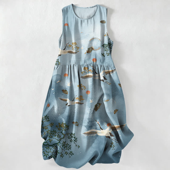 Buddha Stones Sommerliches, lässiges, ärmelloses Midikleid für Damen mit Kranich-, botanischem und Sonnenmuster sowie Taschen - Hellblau - US16, UK/AU20, EU48 (3XL) - image 4