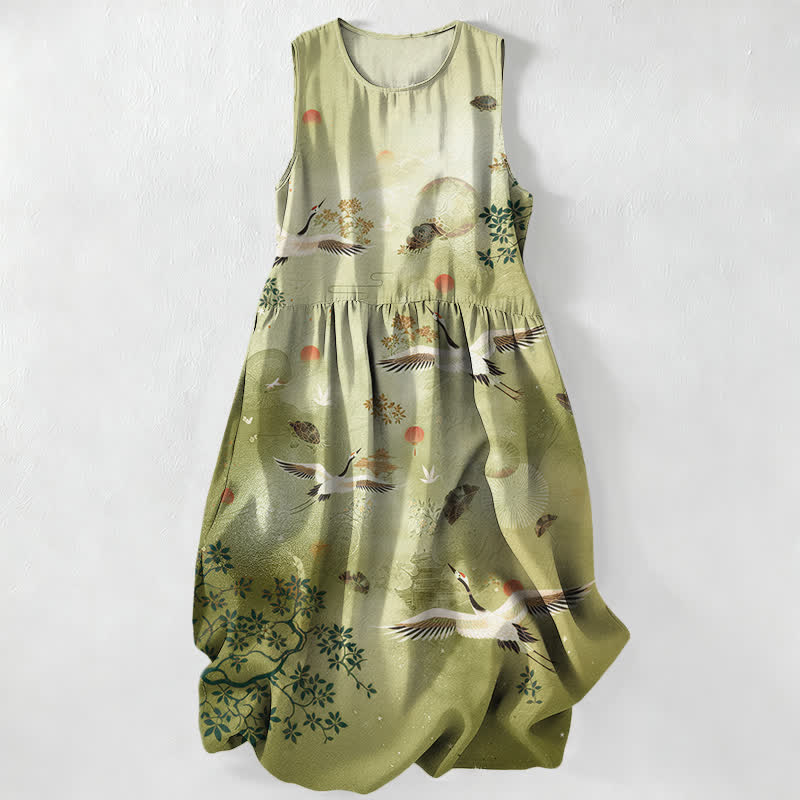 Buddha Stones Sommerliches, lässiges, ärmelloses Midikleid für Damen mit Kranich-, botanischem und Sonnenmuster sowie Taschen - Olivgrün - US16, UK/AU20, EU48 (3XL) - image 5
