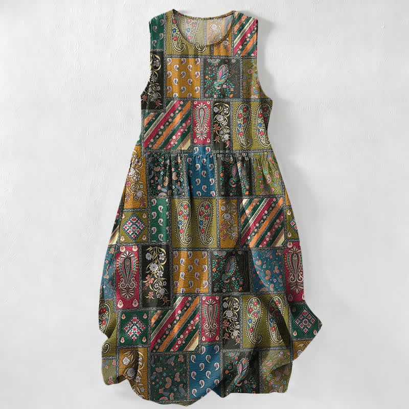 Buddha Stones Lässiges, olivgrünes, ärmelloses Midikleid für Damen mit Patchwork-Muster, Paisley- und Blumenmotiv und Taschen - Olivgrün - US16, UK/AU20, EU48 (3XL) - image 0