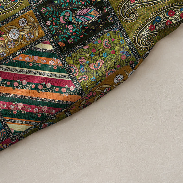 Buddha Stones Lässiges, olivgrünes, ärmelloses Midikleid für Damen mit Patchwork-Muster, Paisley- und Blumenmotiv und Taschen - image 2