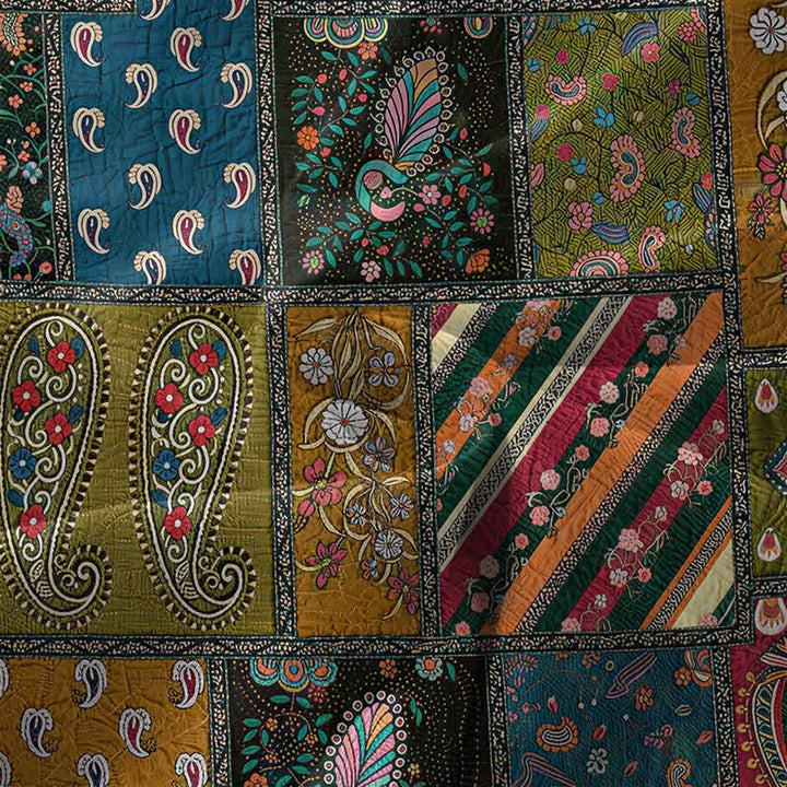 Buddha Stones Lässiges, olivgrünes, ärmelloses Midikleid für Damen mit Patchwork-Muster, Paisley- und Blumenmotiv und Taschen - image 3