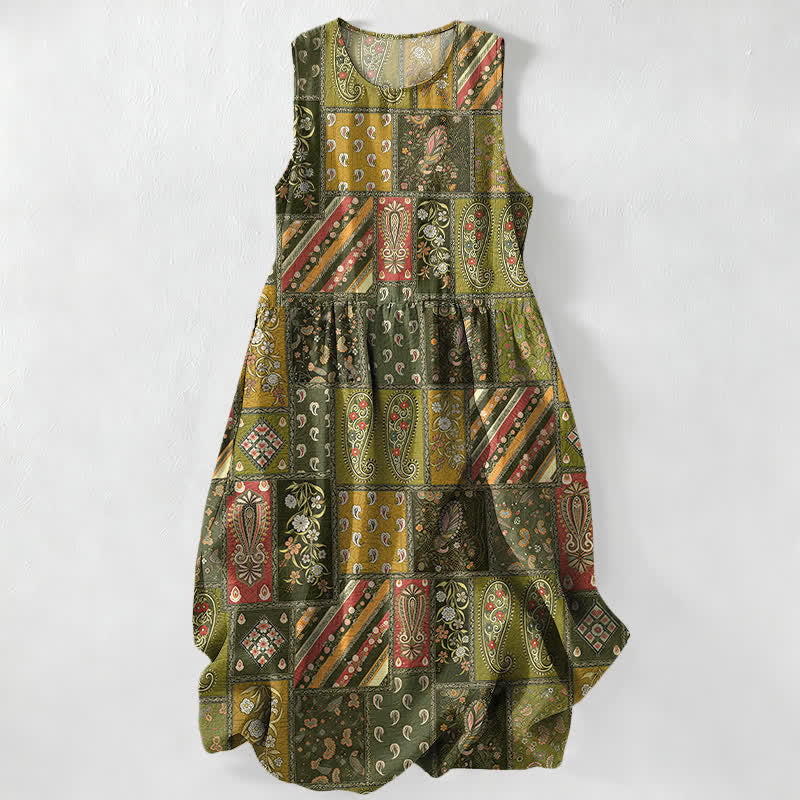 Buddha Stones Lässiges, olivgrünes, ärmelloses Midikleid für Damen mit Patchwork-Muster, Paisley- und Blumenmotiv und Taschen - Dunkelkhaki - US16, UK/AU20, EU48 (3XL) - image 4