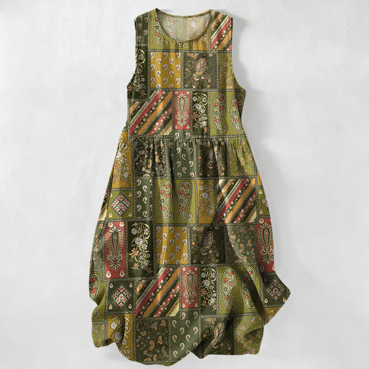 Buddha Stones Lässiges, olivgrünes, ärmelloses Midikleid für Damen mit Patchwork-Muster, Paisley- und Blumenmotiv und Taschen - Dunkelkhaki - US16, UK/AU20, EU48 (3XL) - image 4