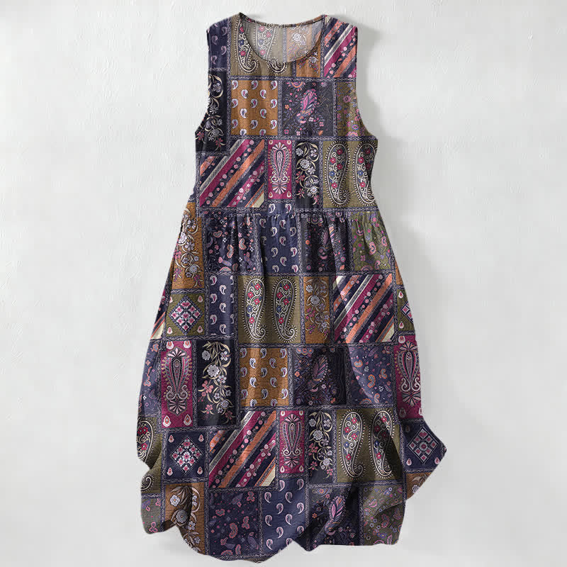 Buddha Stones Lässiges, olivgrünes, ärmelloses Midikleid für Damen mit Patchwork-Muster, Paisley- und Blumenmotiv und Taschen - Indigo - US16, UK/AU20, EU48 (3XL) - image 5