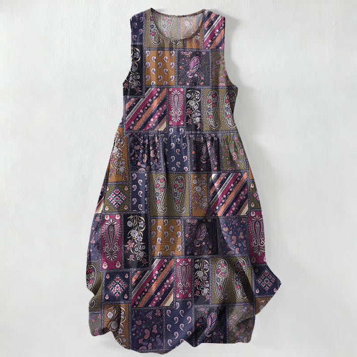 Buddha Stones Lässiges, olivgrünes, ärmelloses Midikleid für Damen mit Patchwork-Muster, Paisley- und Blumenmotiv und Taschen - Indigo - US16, UK/AU20, EU48 (3XL) - image 5