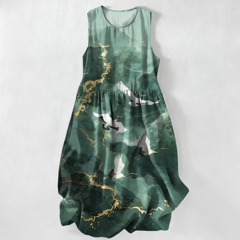Buddha Stones Lässiges, weißes, ärmelloses Midikleid mit Kranichmuster und goldenem Marmormuster für Damen mit Taschen - Waldgrün - US16, UK/AU20, EU48 (3XL) - image 0