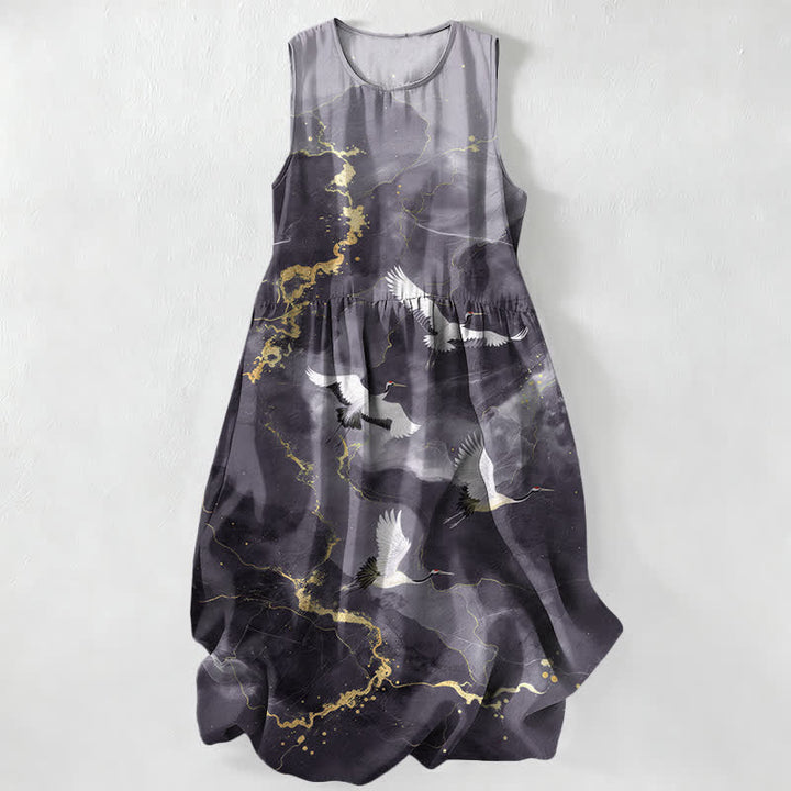 Buddha Stones Lässiges, weißes, ärmelloses Midikleid mit Kranichmuster und goldenem Marmormuster für Damen mit Taschen - DimGray - US16, UK/AU20, EU48 (3XL) - image 4