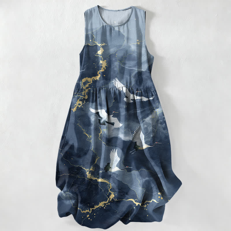 Buddha Stones Lässiges, weißes, ärmelloses Midikleid mit Kranichmuster und goldenem Marmormuster für Damen mit Taschen - Türkis - US16, UK/AU20, EU48 (3XL) - image 5