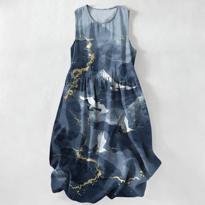 Buddha Stones Lässiges, weißes, ärmelloses Midikleid mit Kranichmuster und goldenem Marmormuster für Damen mit Taschen - Türkis - US16, UK/AU20, EU48 (3XL) - image 5