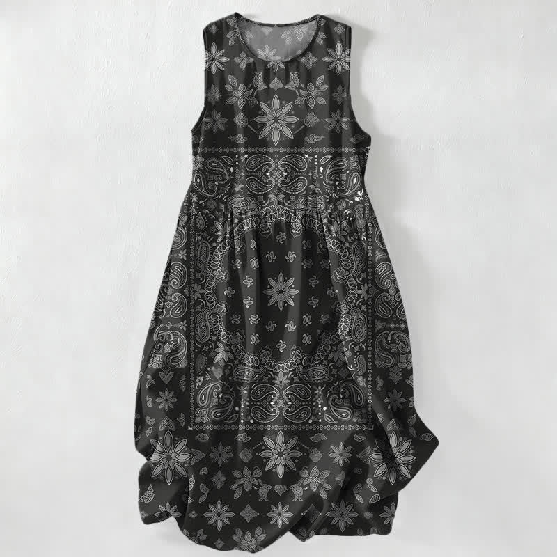 Buddha Stones Lässiges, ärmelloses Midikleid für Damen mit Paisley-Blumenmuster und Taschen im Bandana-Stil - Schwarz - US16, UK/AU20, EU48 (3XL) - image 0