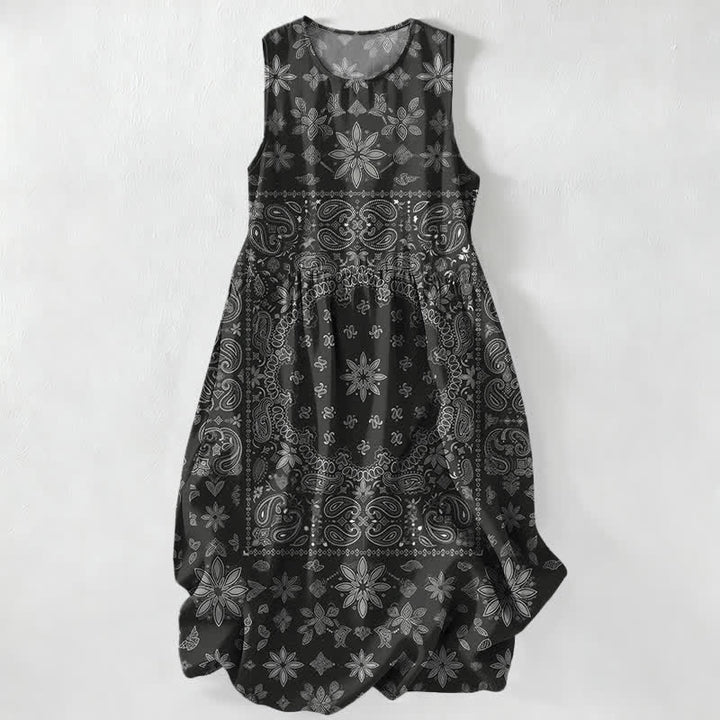 Buddha Stones Lässiges, ärmelloses Midikleid für Damen mit Paisley-Blumenmuster und Taschen im Bandana-Stil - Schwarz - US16, UK/AU20, EU48 (3XL) - image 0