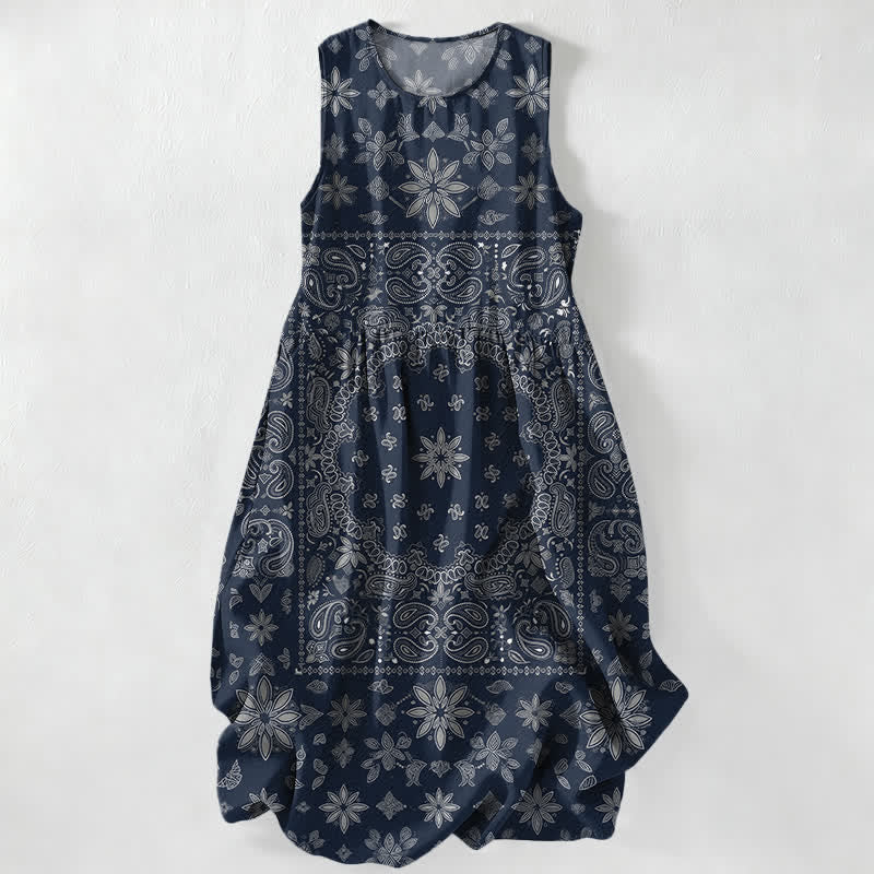 Buddha Stones Lässiges, ärmelloses Midikleid für Damen mit Paisley-Blumenmuster und Taschen im Bandana-Stil - Marine - US16, UK/AU20, EU48 (3XL) - image 4