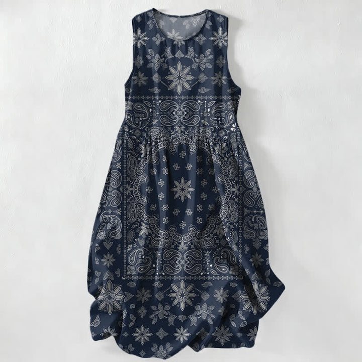 Buddha Stones Lässiges, ärmelloses Midikleid für Damen mit Paisley-Blumenmuster und Taschen im Bandana-Stil - Marine - US16, UK/AU20, EU48 (3XL) - image 4