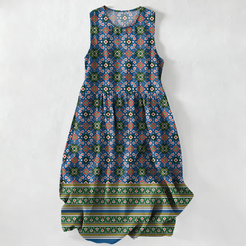 Buddha Stones Sommerliches, lässiges, blaues, böhmisches, geometrisches Bordürenmuster, ärmelloses Midikleid für Damen mit Taschen - Dunkelblau - US16, UK/AU20, EU48 (3XL) - image 0