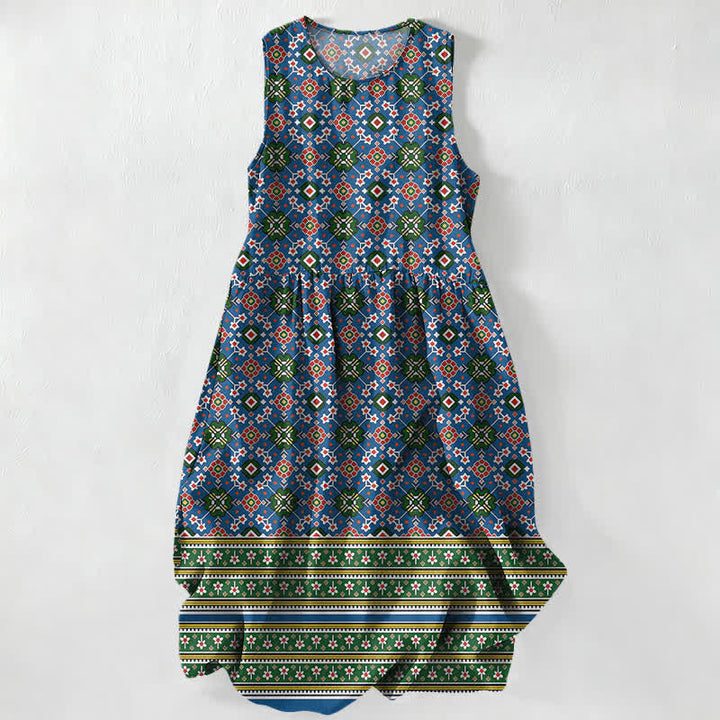 Buddha Stones Sommerliches, lässiges, blaues, böhmisches, geometrisches Bordürenmuster, ärmelloses Midikleid für Damen mit Taschen - Dunkelblau - US16, UK/AU20, EU48 (3XL) - image 0