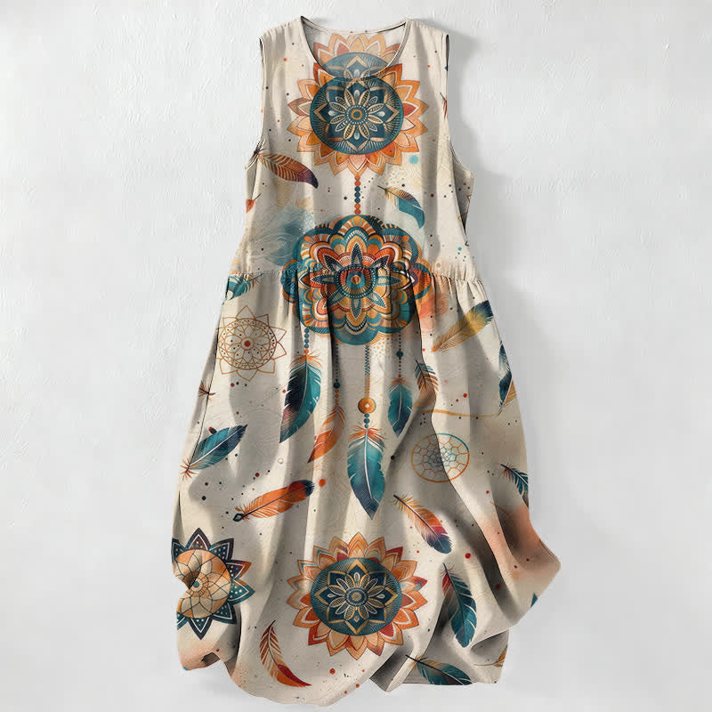 Buddha Stones Lässiges, sommerliches, ärmelloses Midikleid im Boho-Stil mit Mandala-Federmuster und Taschen für Damen - Gainsboro - US16, UK/AU20, EU48 (3XL) - image 0