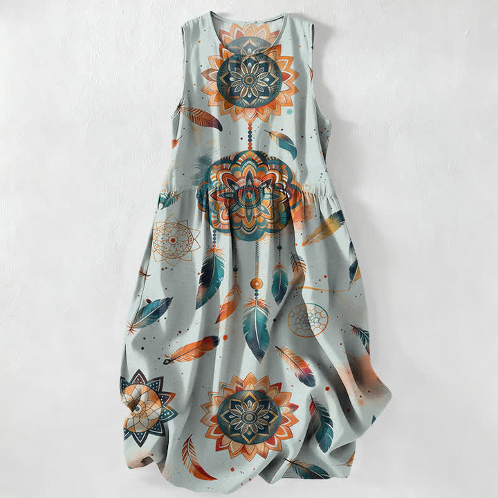 Buddha Stones Lässiges, sommerliches, ärmelloses Midikleid im Boho-Stil mit Mandala-Federmuster und Taschen für Damen - Himmelblau - US16, UK/AU20, EU48 (3XL) - image 4