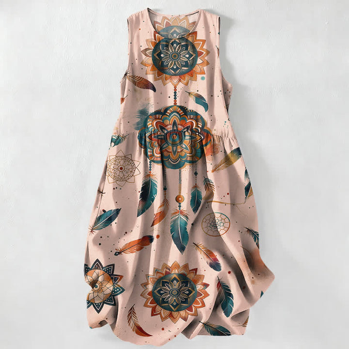 Buddha Stones Lässiges, sommerliches, ärmelloses Midikleid im Boho-Stil mit Mandala-Federmuster und Taschen für Damen - Rosa - US16, UK/AU20, EU48 (3XL) - image 5