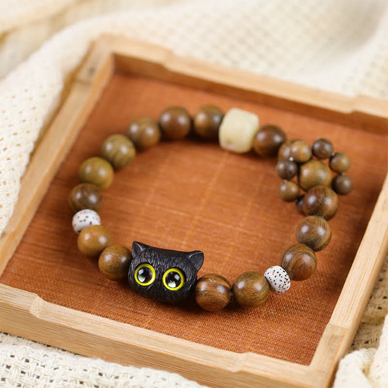 Buddha Stones Armband aus Ebenholz mit Glückskatzenmotiv und Erdungsperlen - Schwarze Glückskatze - image 0