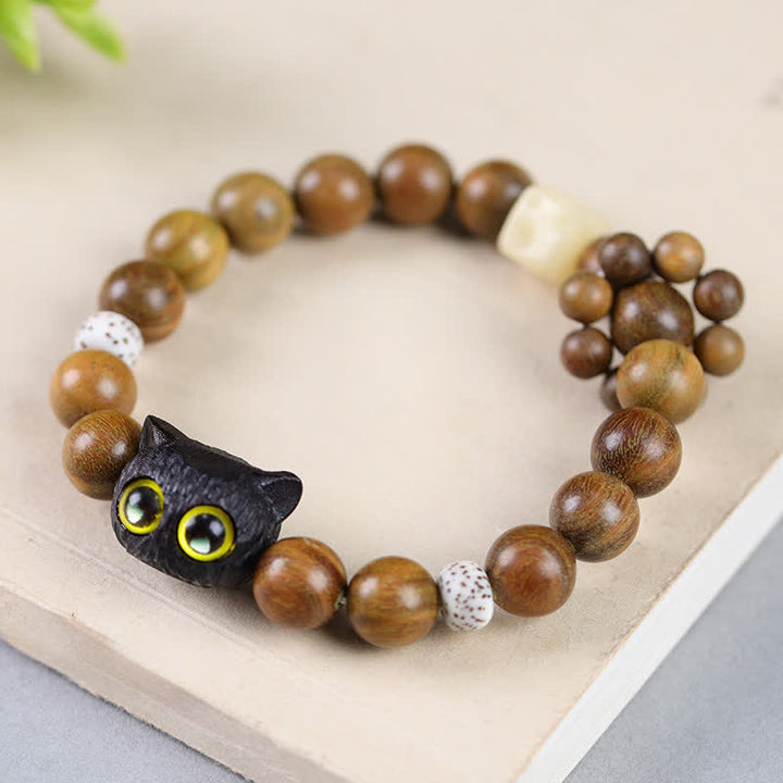 Buddha Stones Armband aus Ebenholz mit Glückskatzenmotiv und Erdungsperlen - image 2