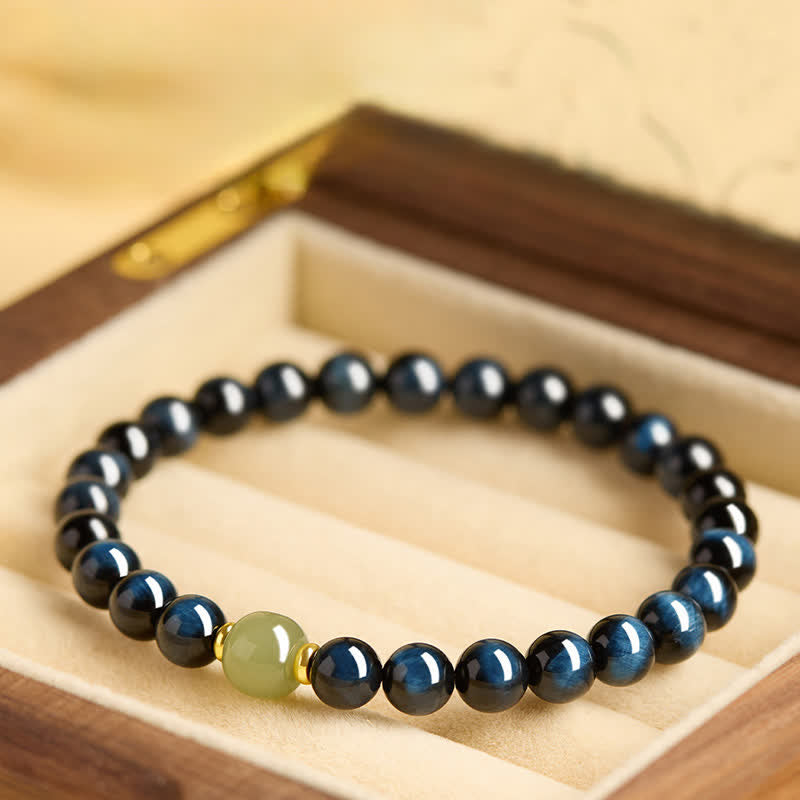 Buddha Stones Armband aus runden Perlen aus blauem Tigerauge-Hetian-Jade – Intuitionsarmband - 8 mm - image 0