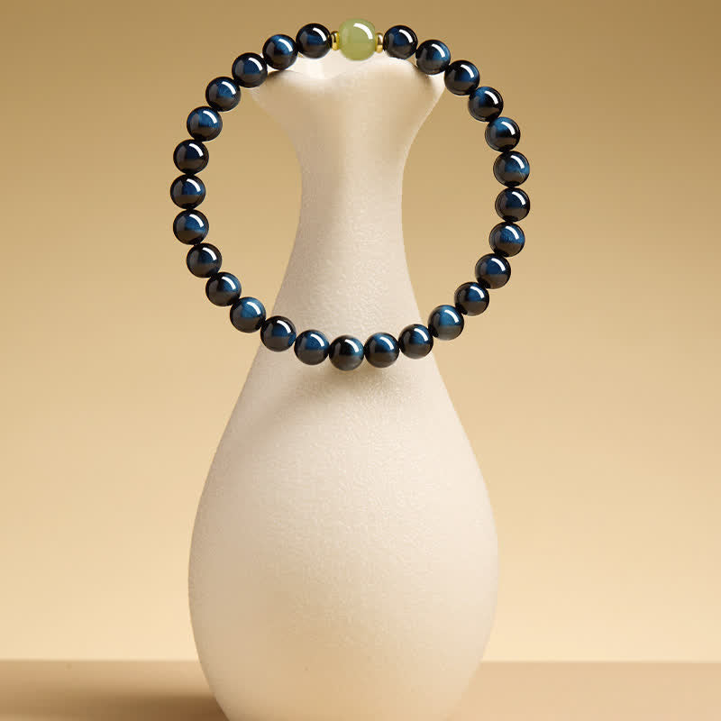 Buddha Stones Armband aus runden Perlen aus blauem Tigerauge-Hetian-Jade – Intuitionsarmband - image 2