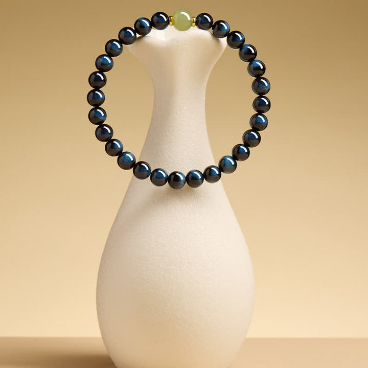 Buddha Stones Armband aus runden Perlen aus blauem Tigerauge-Hetian-Jade – Intuitionsarmband - image 2
