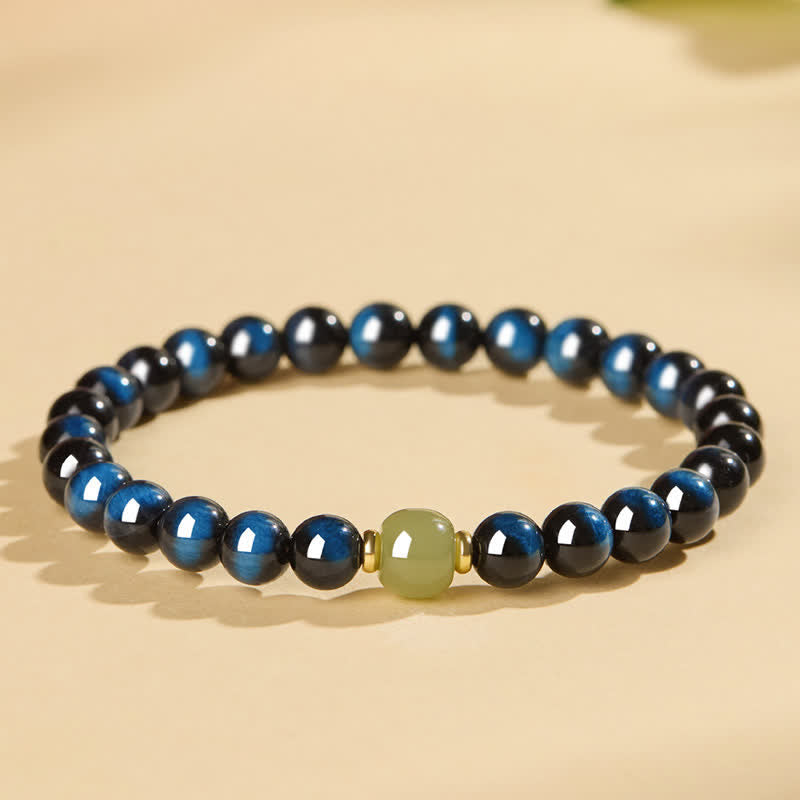 Buddha Stones Armband aus runden Perlen aus blauem Tigerauge-Hetian-Jade – Intuitionsarmband - image 8