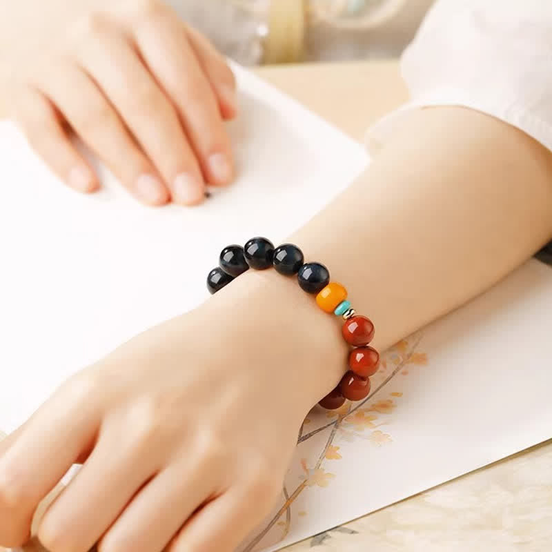 Buddha Stones Armband aus runden Perlen mit blauem Tigerauge und rotem Achat - image 10
