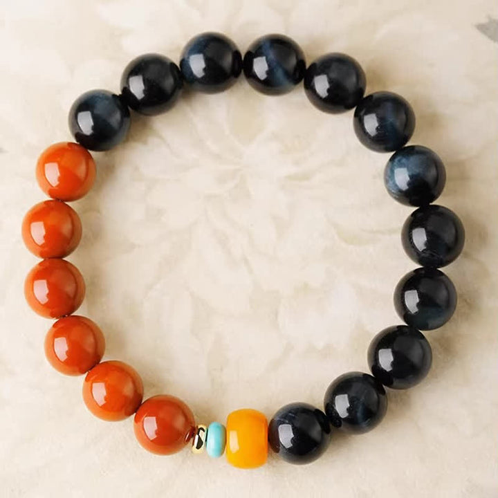 Buddha Stones Armband aus runden Perlen mit blauem Tigerauge und rotem Achat - image 3