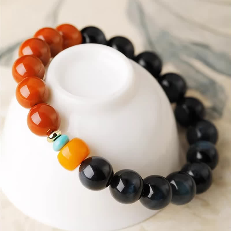 Buddha Stones Armband aus runden Perlen mit blauem Tigerauge und rotem Achat - image 2