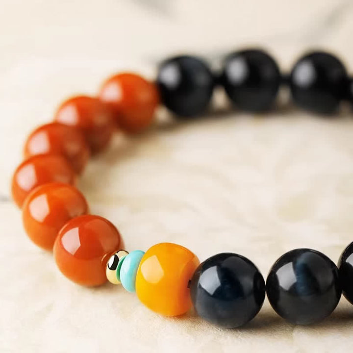 Buddha Stones Armband aus runden Perlen mit blauem Tigerauge und rotem Achat - image 4
