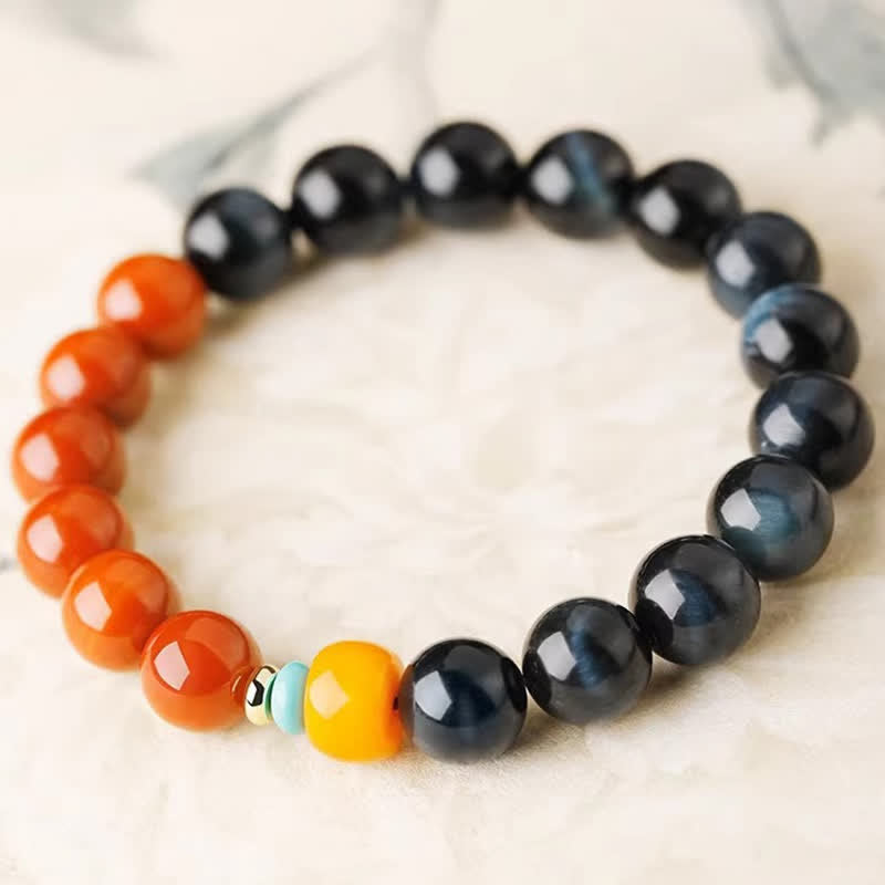 Buddha Stones Armband aus runden Perlen mit blauem Tigerauge und rotem Achat - image 1
