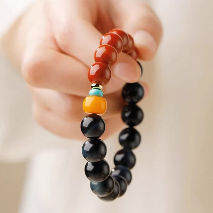 Buddha Stones Armband aus runden Perlen mit blauem Tigerauge und rotem Achat - image 9
