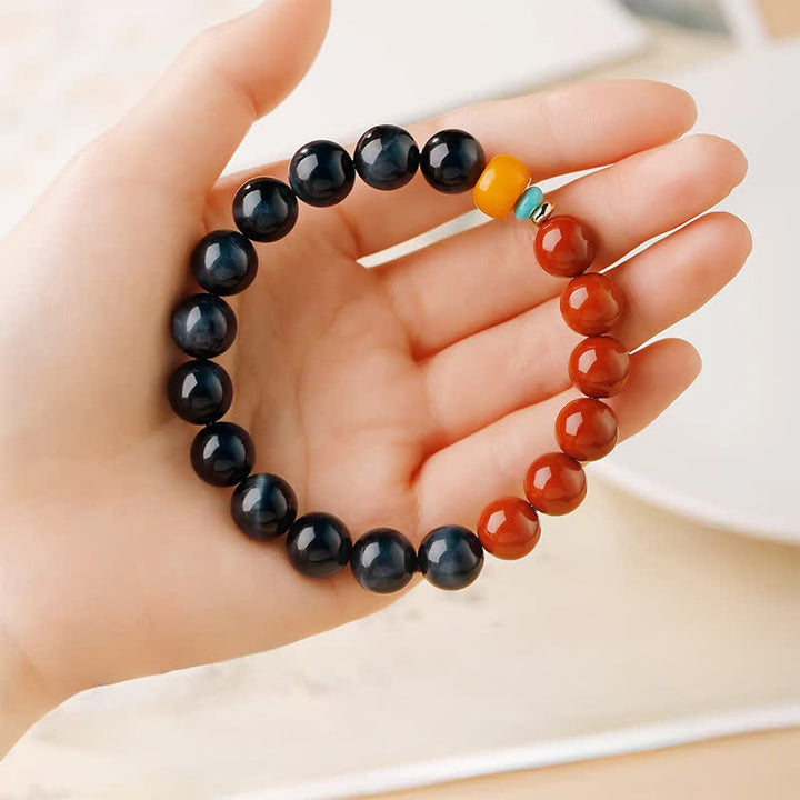 Buddha Stones Armband aus runden Perlen mit blauem Tigerauge und rotem Achat - image 8