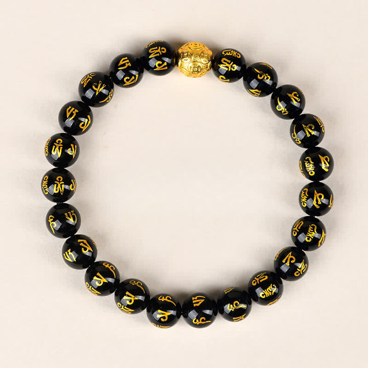 Buddha Stones Schwarzes Obsidian Om Mani Padme Hum Stärke-Armband - 8 mm - image 0