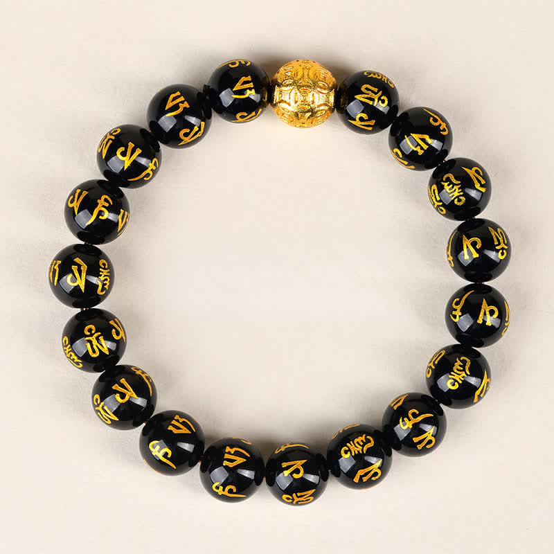 Buddha Stones Schwarzes Obsidian Om Mani Padme Hum Stärke-Armband - 10 mm - image 1