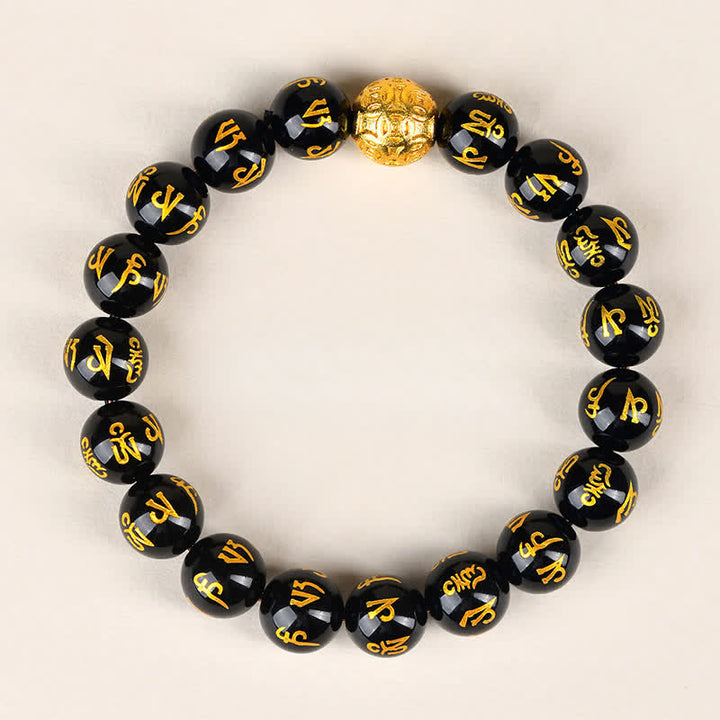 Buddha Stones Schwarzes Obsidian Om Mani Padme Hum Stärke-Armband - 10 mm - image 1